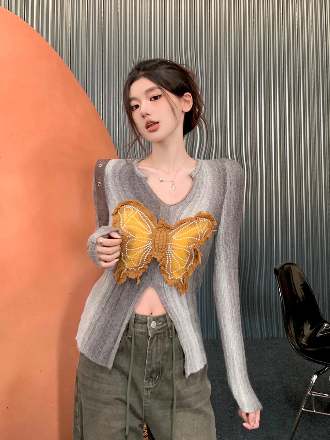 JC Mode Striped V-Neck Embellished Pullover