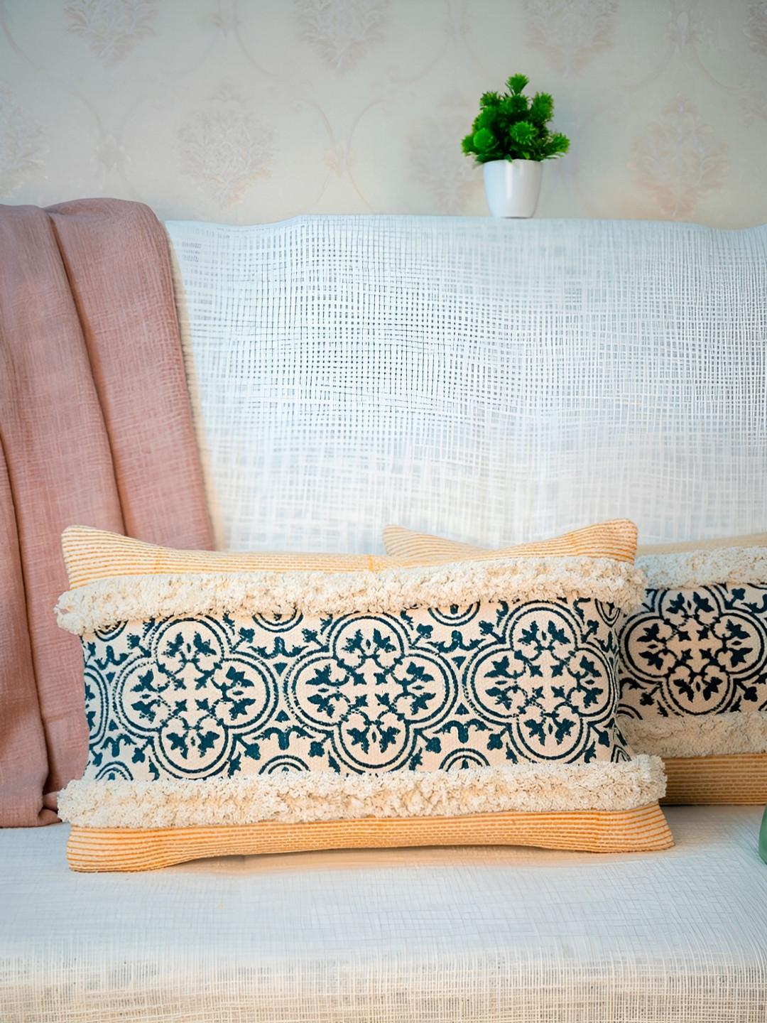 ABSTRACT INDIA Lumbar Yellow 2 Pieces Block Printed Cotton Rectangle Cushion Covers