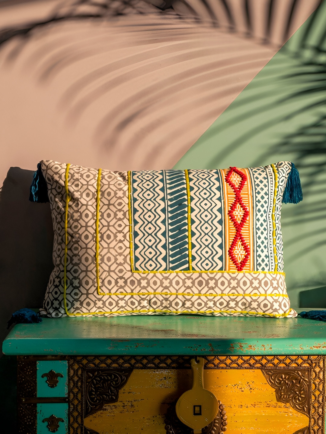 ABSTRACT INDIA Lumbar Yellow Block Printed Cotton Rectangle Cushion Covers With Embroidery