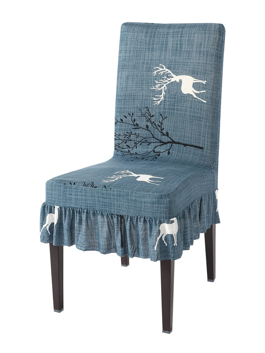 HOKIPO Teal Blue & White Printed Stretchable Frill Chair Cover