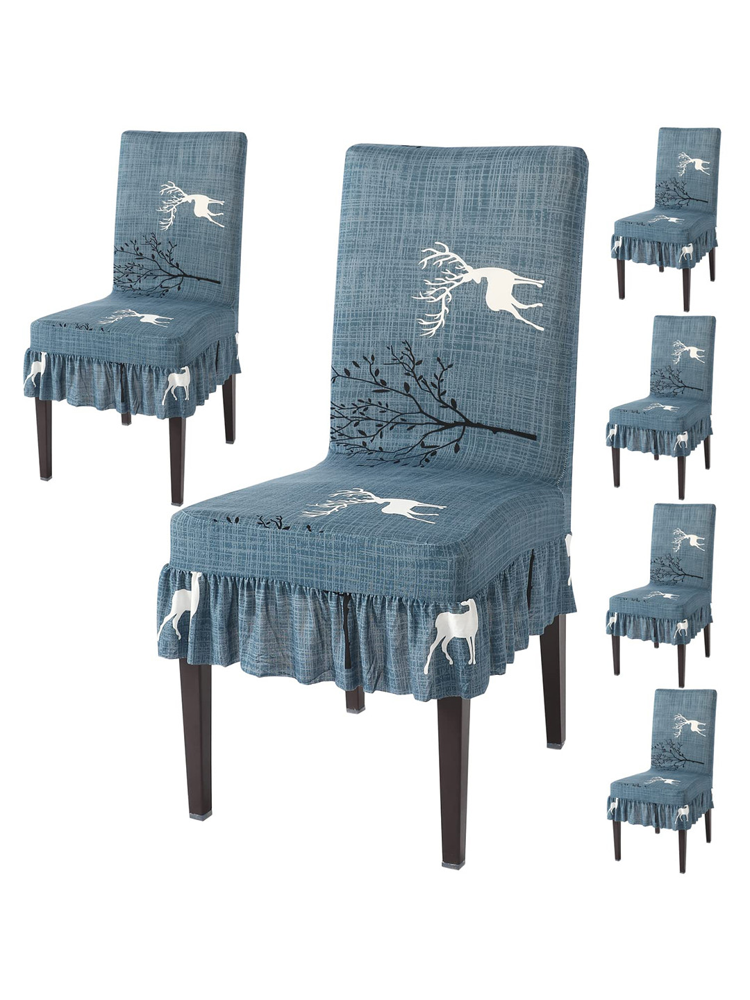 HOKIPO Teal Blue & White 6 Pieces Printed Stretchable Frill Chair Covers
