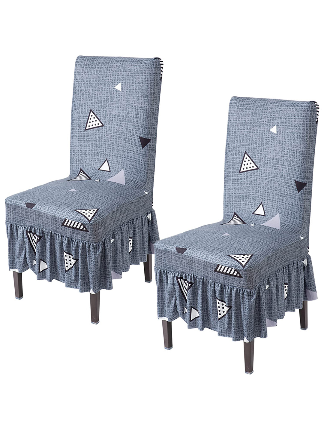 HOKIPO 2-Pc Grey & White Printed Frill Chair Covers