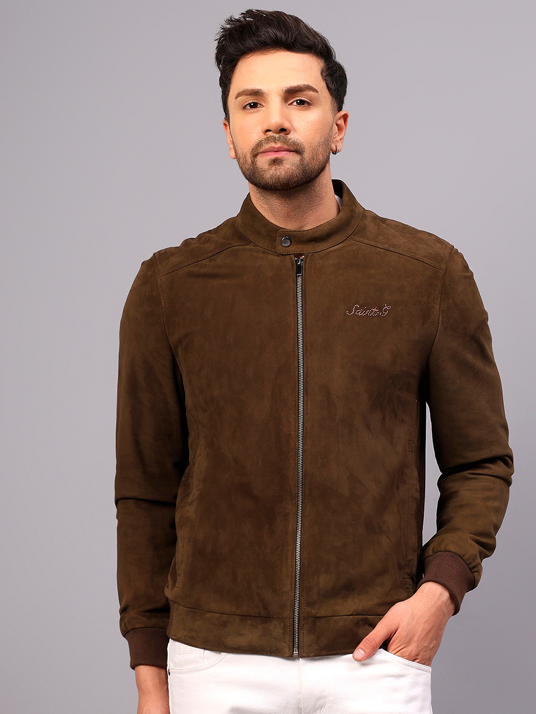 Saint G Mock Collar Leather Water Resistant Bomber Jacket