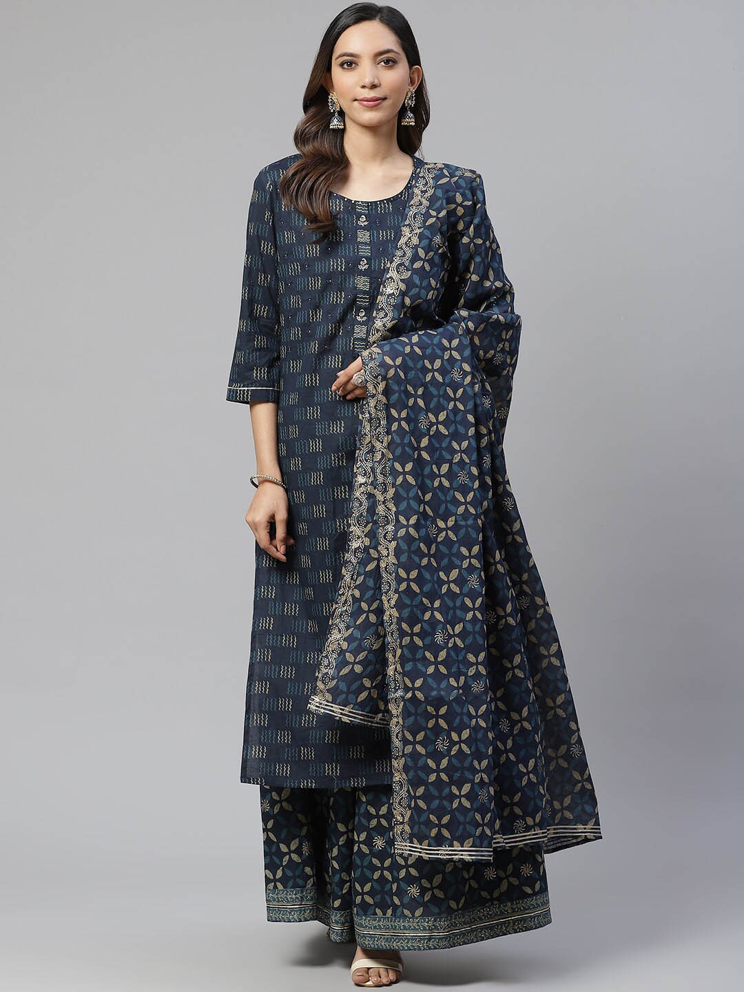 KALINI Abstract Printed Beads and Stones Pure Cotton Kurta With Palazzos & Dupatta