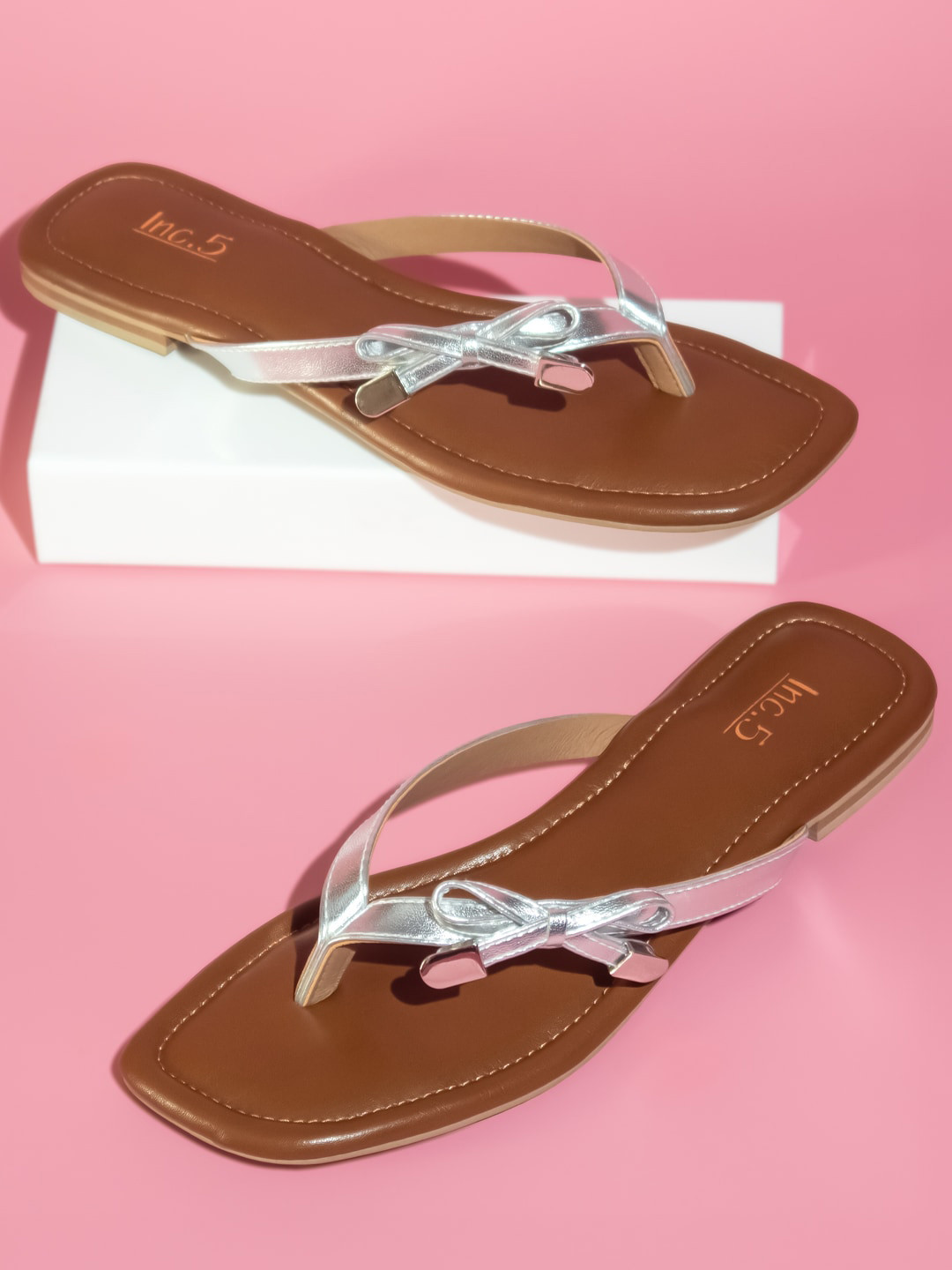 Inc 5 Bow Embellished Open Toe Flats