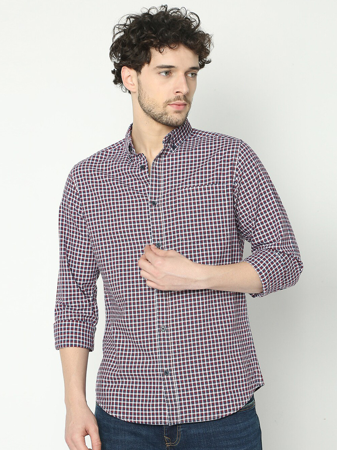 R&B Checked Button-Down Collar Long Sleeve Cotton Regular Fit Shirt