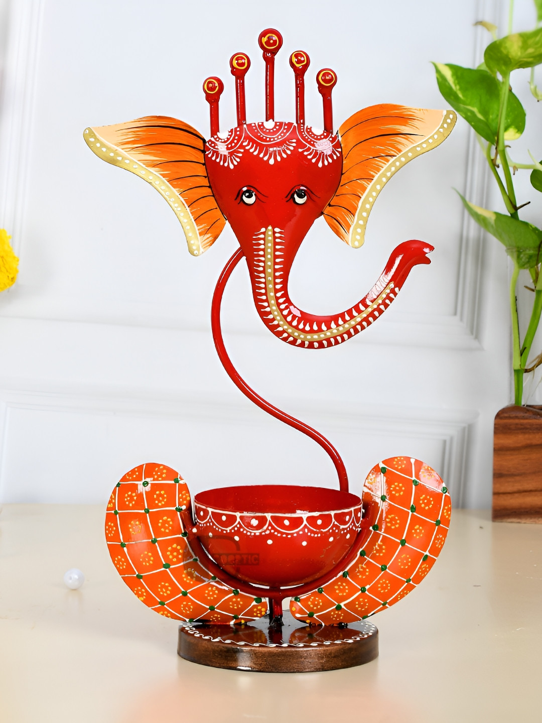 COOPTIC Tealight Holder Red Metal Metallic Living Room Hand-Painted Large Showpiece - 10.6 Inches