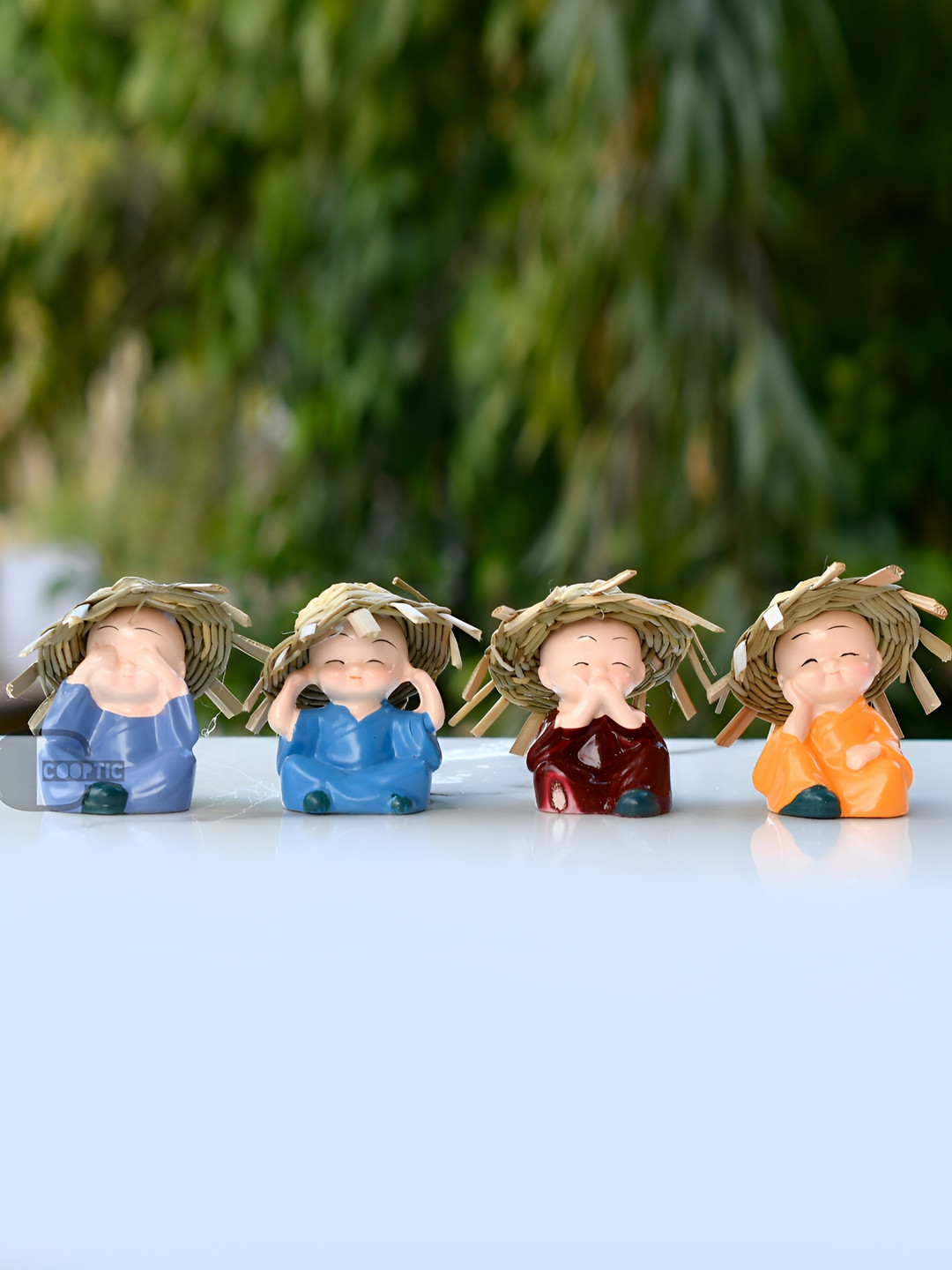 COOPTIC Baby Hat Monk Buddha Blue Wood Natural Prayer Room Set of 4 Small Showpieces - 2.8 Inches