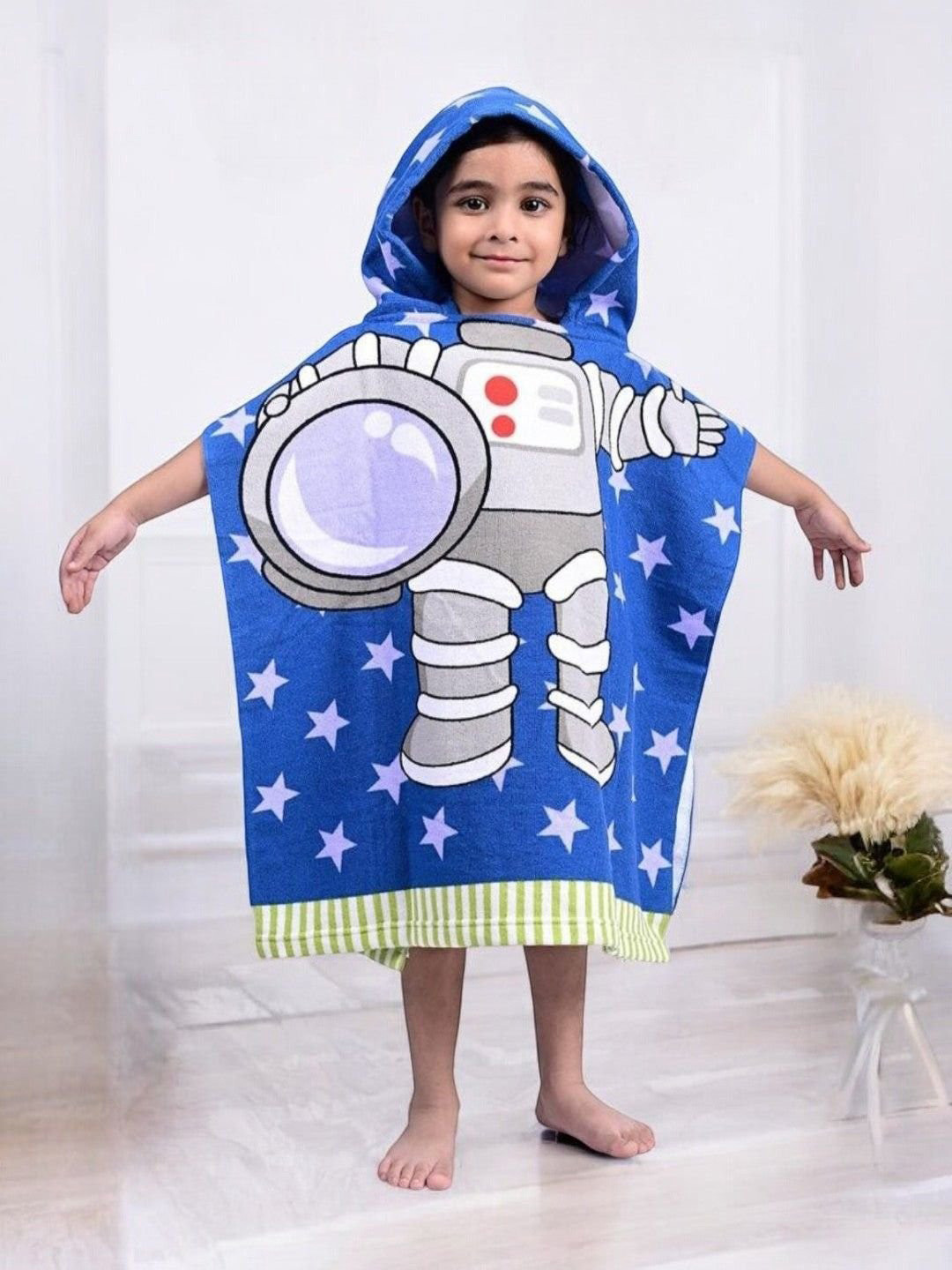 Yellow Bee Blue Grey Astronaut Printed 250 GSM Hooded Poncho Bath Towel For Boys