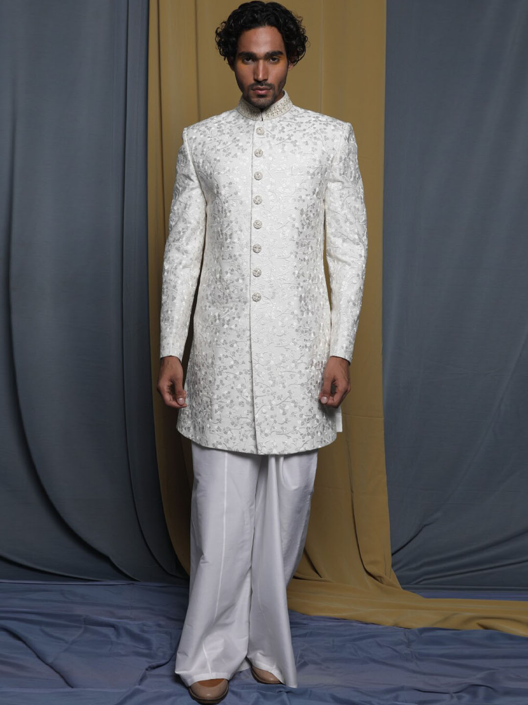 Krishna Mehta Embroidered Mandarin Collar Sherwani Set