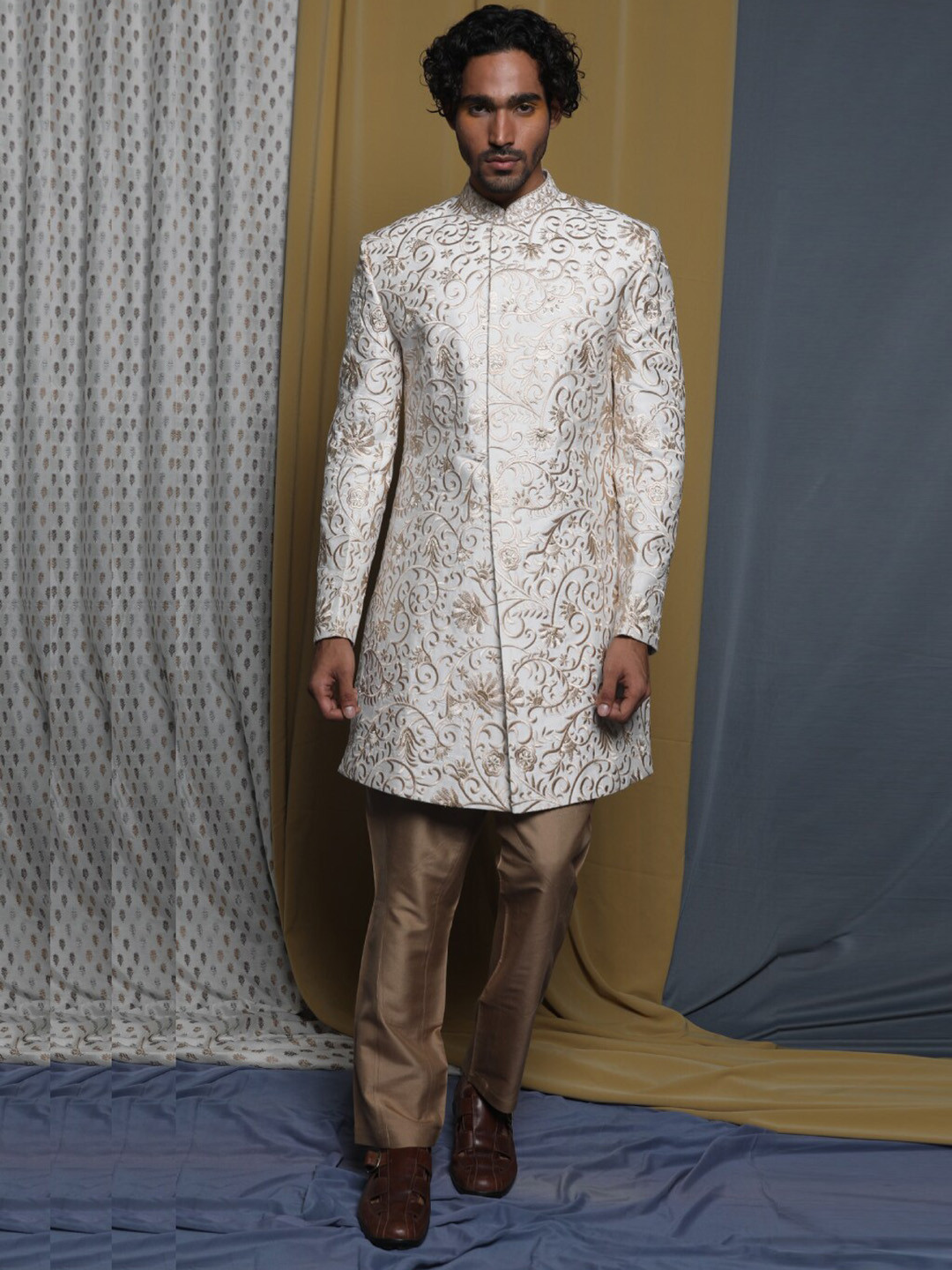 Krishna Mehta  Embroidered Pure Cotton Sherwani With Trousers