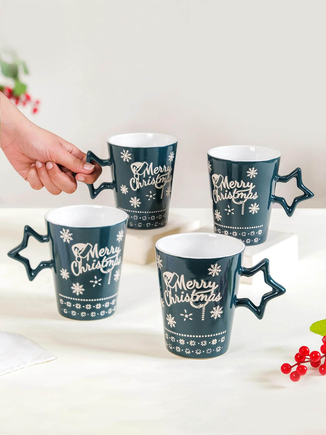 Nestasia Green Typography Ceramic Microwave Safe 4 Piece Cup-300ml