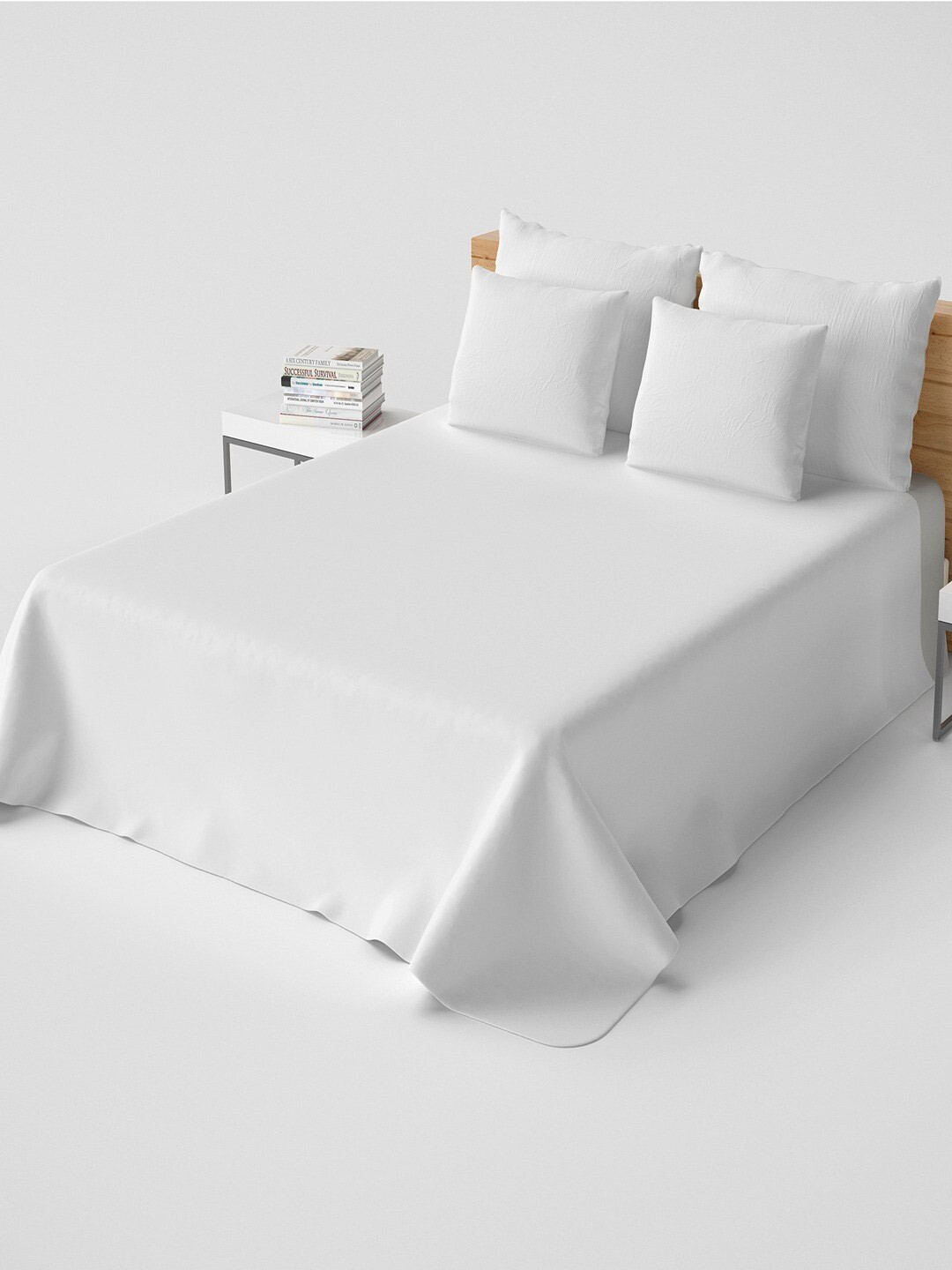 Himeya Bliss Sateen White Pure Cotton 300 TC Fitted King Fine Bedsheet with 4 Pillow Covers-60 x 80 inches