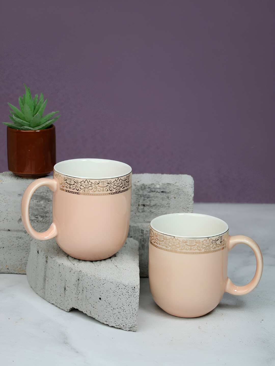 Vola Global LLP Peach Porcelain Microwave Safe 2 Piece Cups-200ml