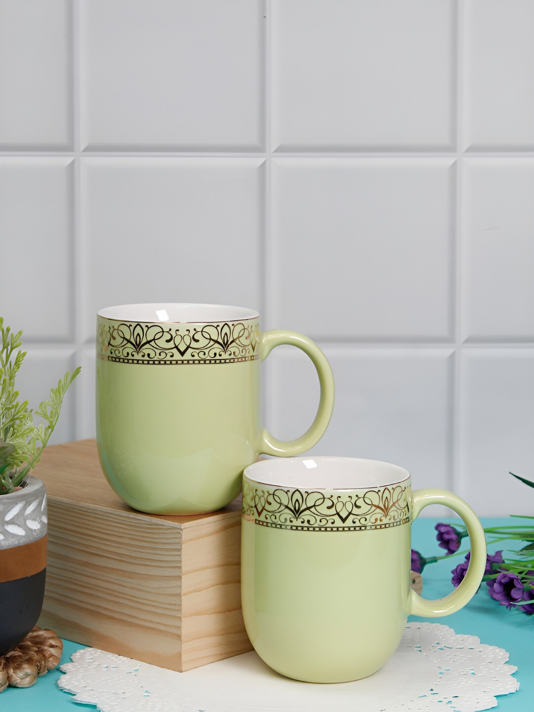 Vola Global LLP Lime Green Porcelain Microwave Safe 2 Piece Mugs-300ml