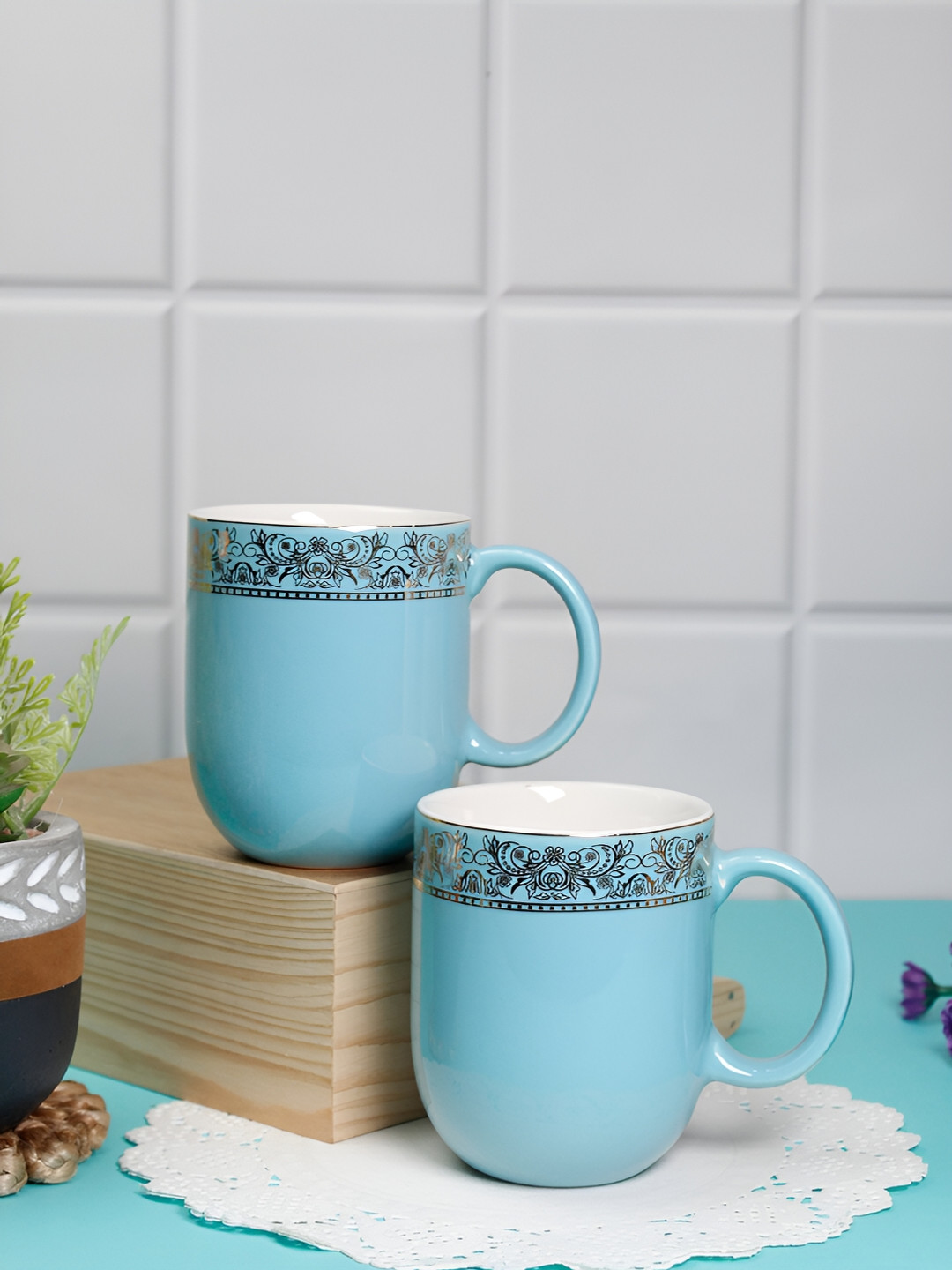 Vola Global LLP Blue Porcelain Microwave Safe 2 Piece Mugs-325ml