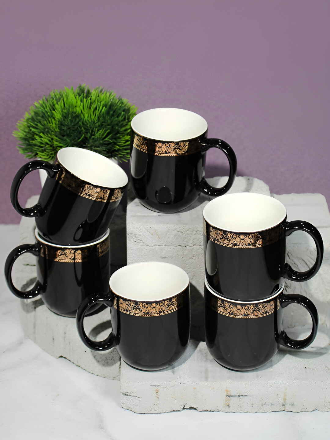 Vola Global LLP Black Ethnic Motifs Porcelain Microwave Safe 6 Piece Cups-200ml