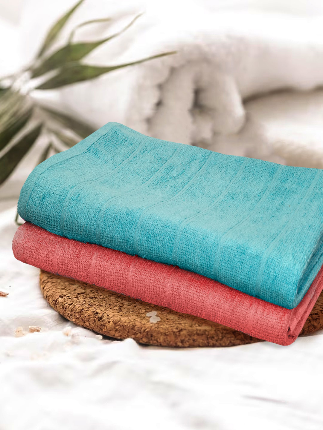 KOPA 2-Pcs Coral Pink & Blue Cotton 300 GSM Bath Towels