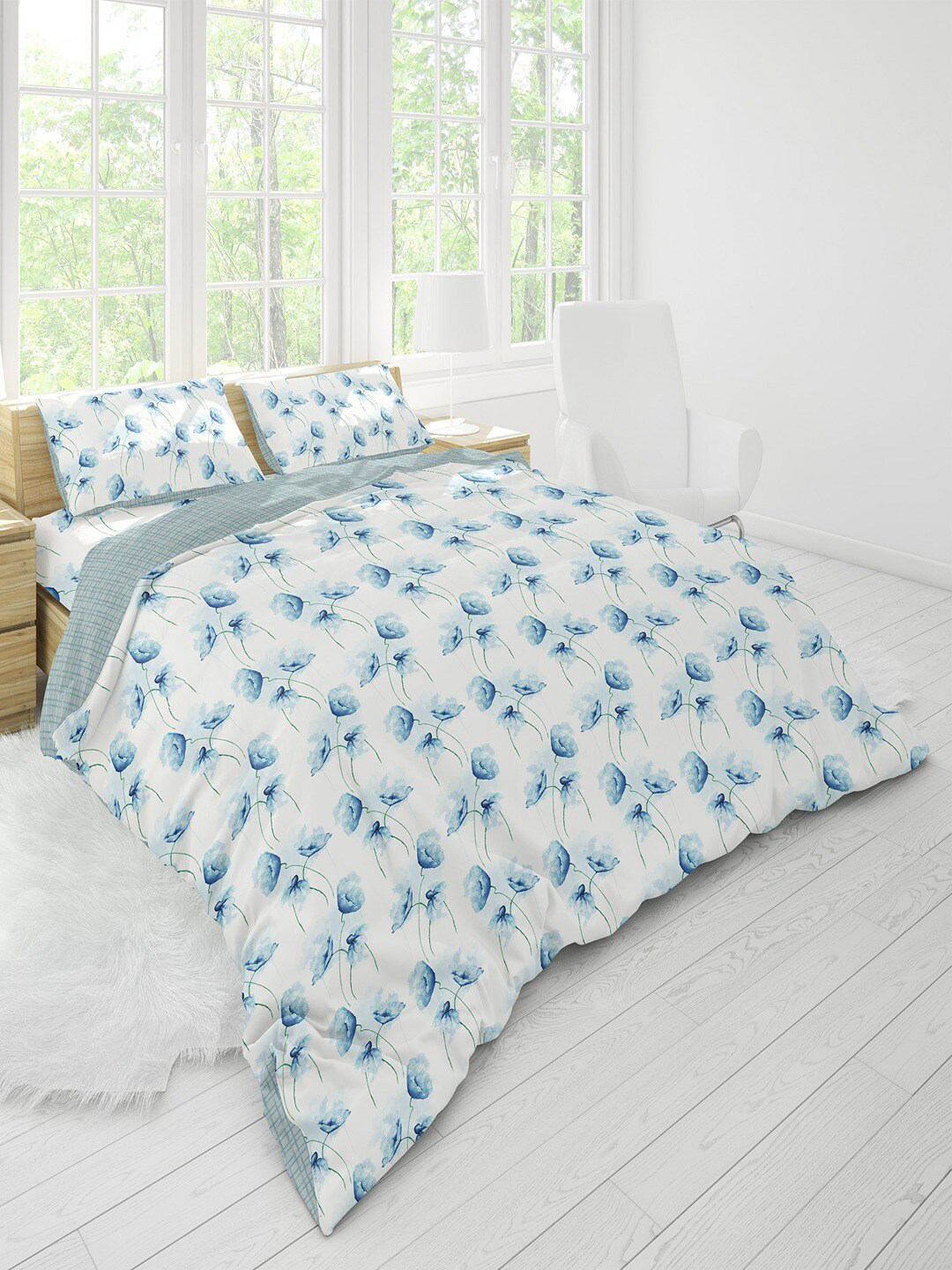 Himeya Print Bliss Sateen White & Blue Printed Pure Cotton 200 TC Queen Duvet Cover