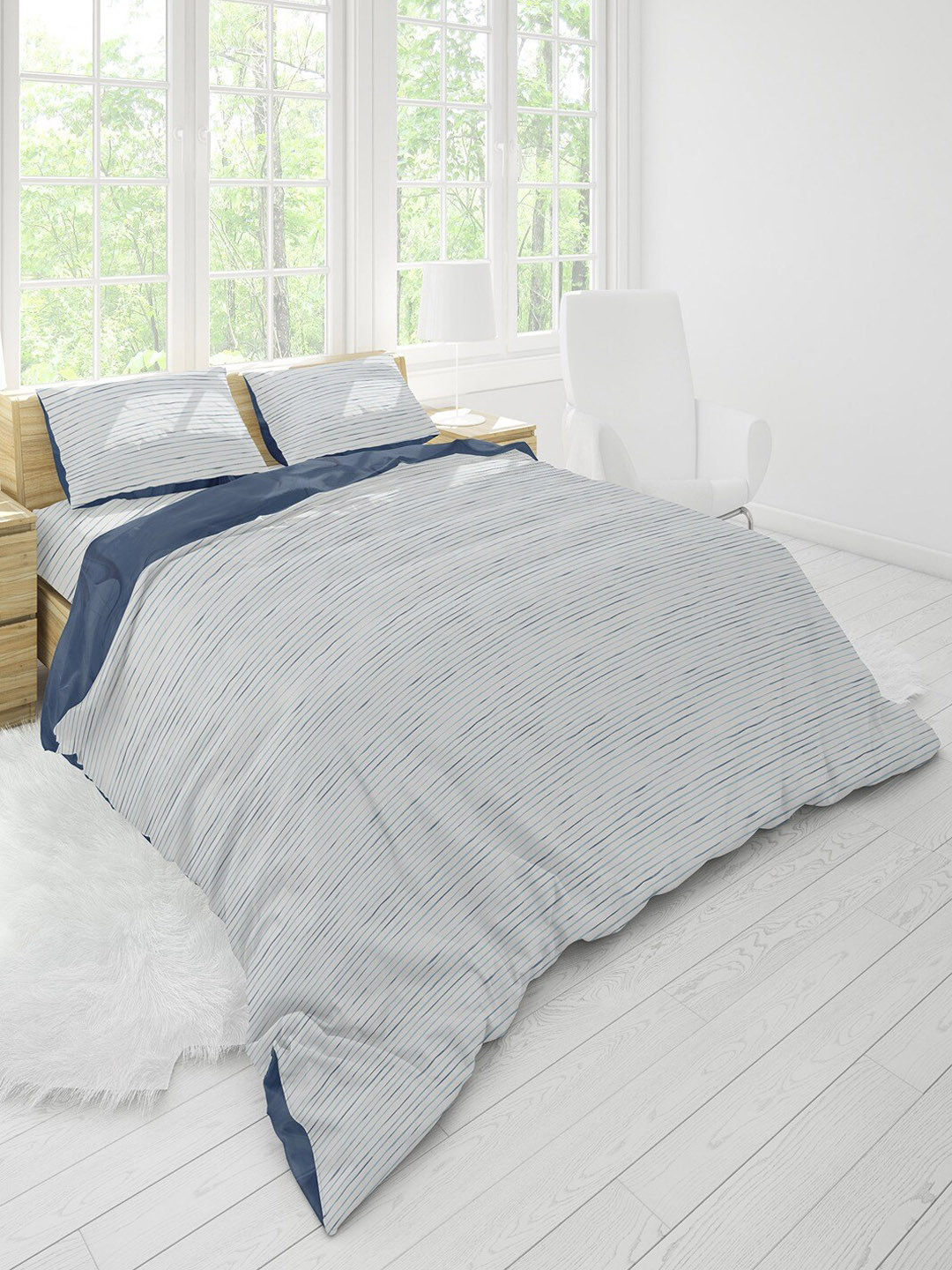 Himeya White & Blue Striped  200 TC Cotton Queen Duvet Cover