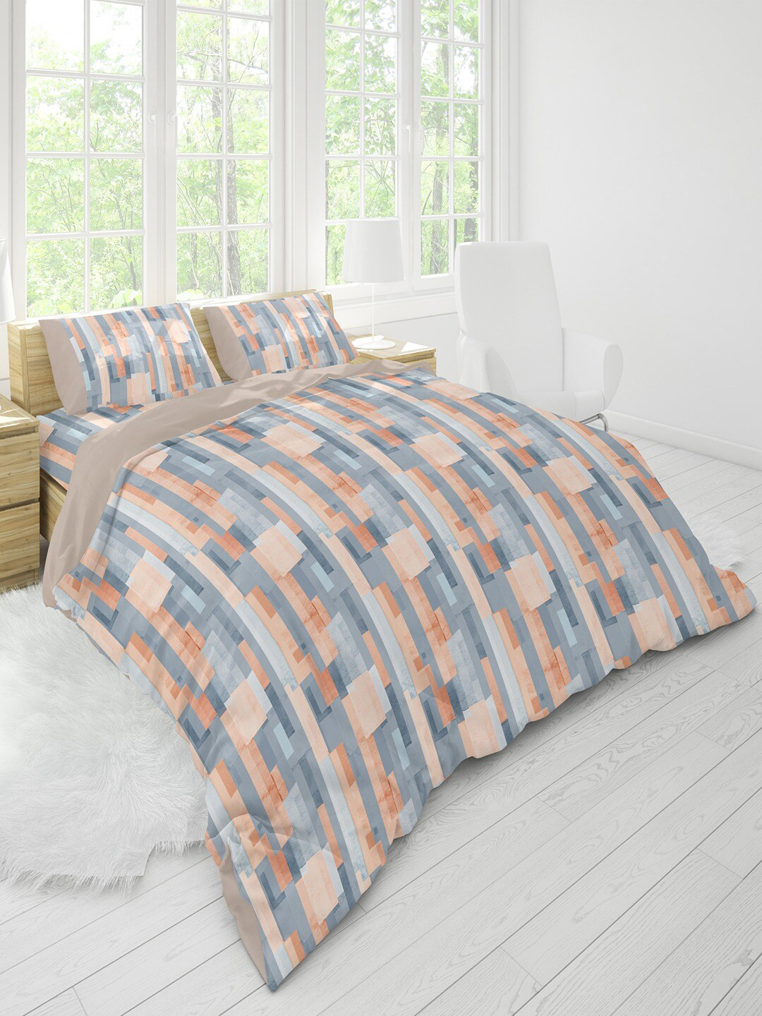 Himeya Bliss Percale Peach & Grey Printed Pure Cotton 400 TC Double Queen Duvet Cover