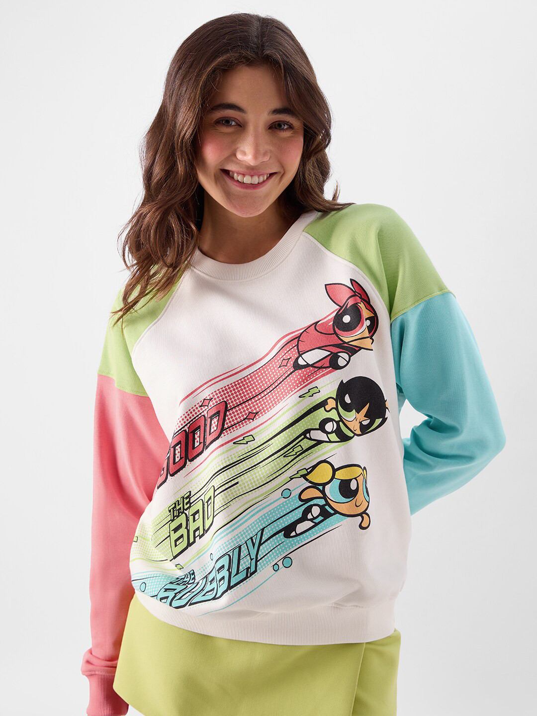 The Souled Store White Powerpuff Girls Printed Round Neck Long Sleeves Pullover Sweatshirt