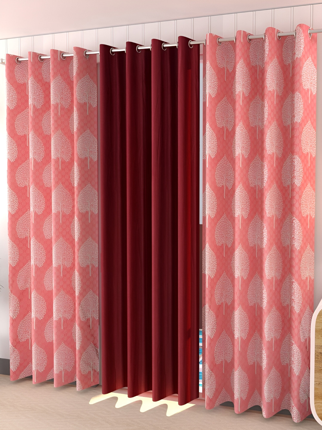 Kraftiq Homes Marble Pink & Maroon 3 Pieces Ethnic Motifs Regular Long Door Curtain