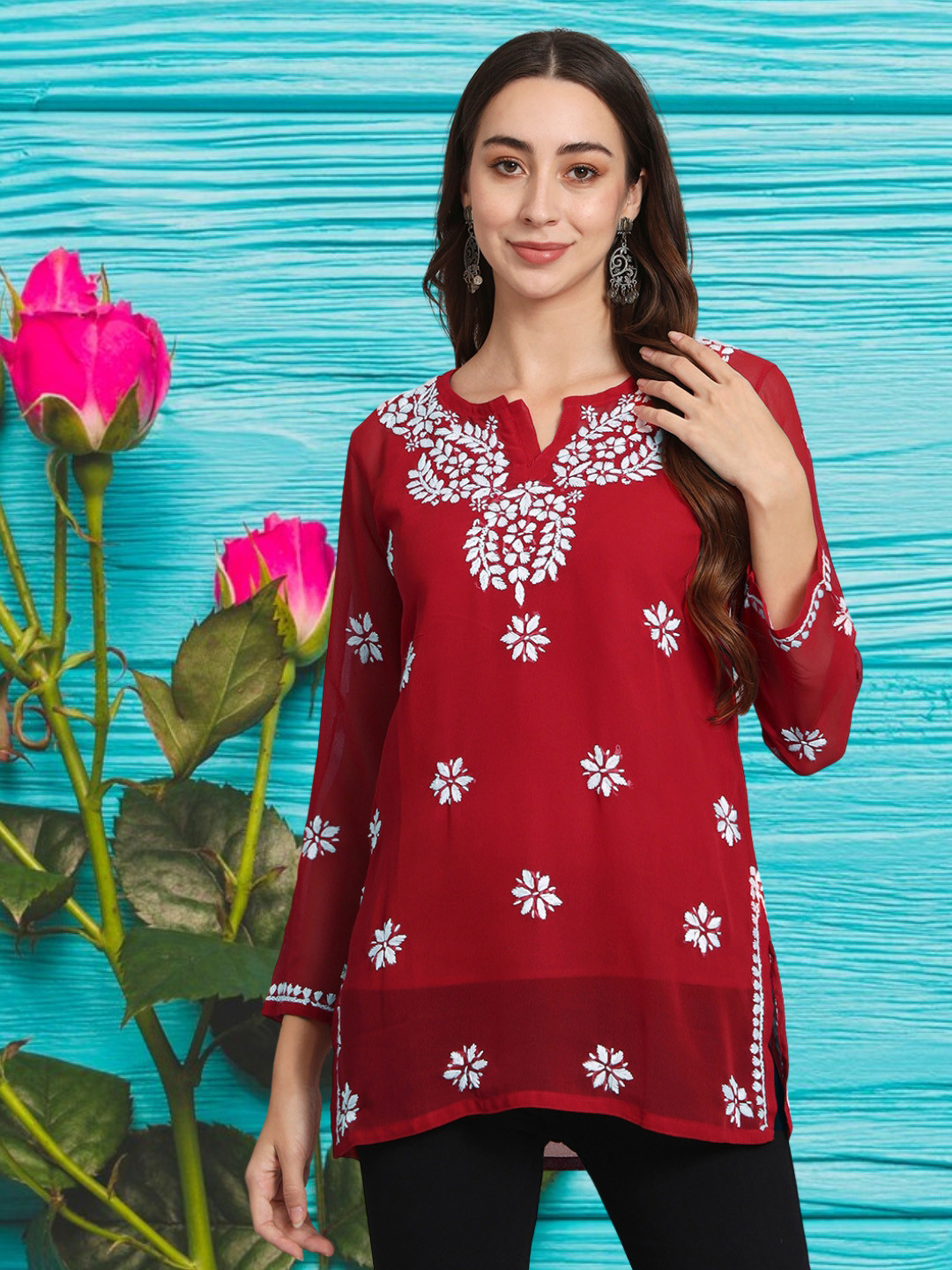 PARAMOUNT CHIKAN Women Embroidered Lucknowi Chikankari Georgette Kurti