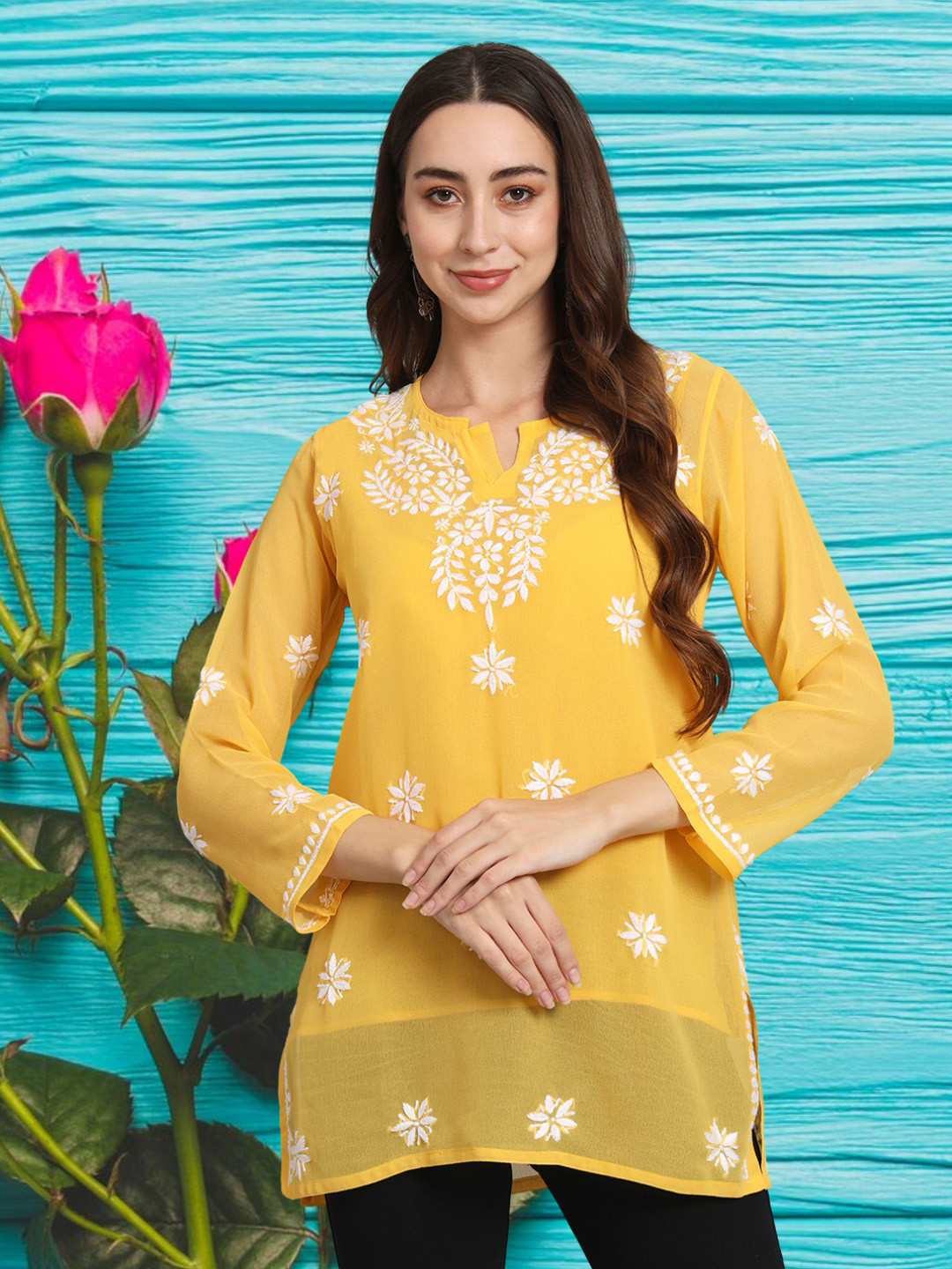 PARAMOUNT CHIKAN Women Embroidered Lucknowi Chikankari Georgette Kurti