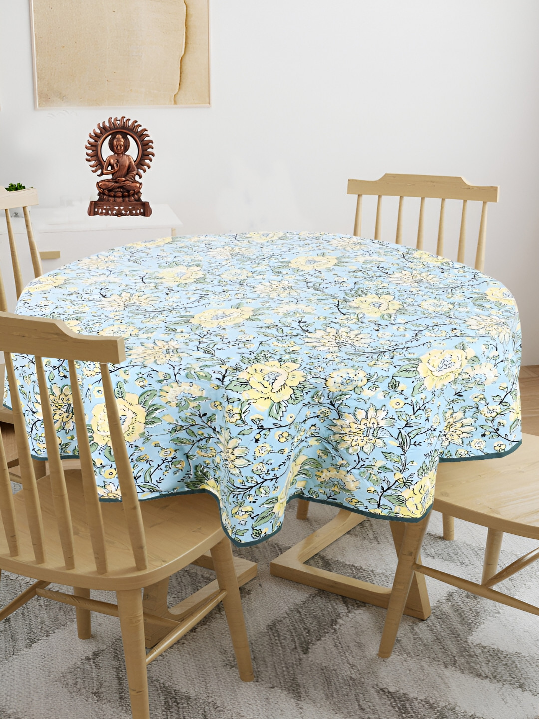 Texstylers Yellow & Green Floral Printed Anti Slip Round Cotton 4 Seater Table Cover
