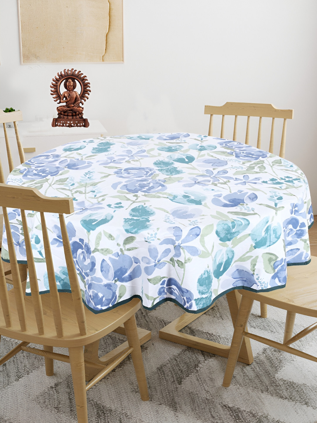 Texstylers Teal blue & Green Floral Printed Anti Slip Cotton Round 4 Seater Table Cover
