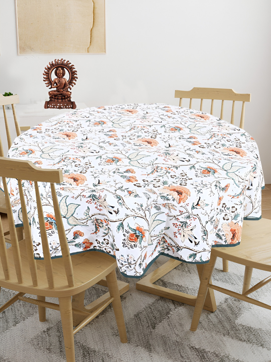 Texstylers  White & Mustard 4-Seater Floral Anti-Slip Cotton Round Table Cover