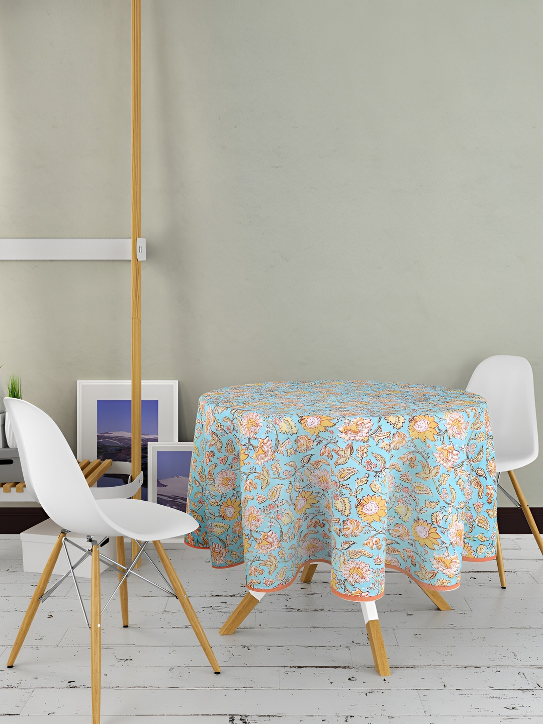 Texstylers Blue & Yellow Floral Anti Slip Cotton Round 4 Seater Table Cover
