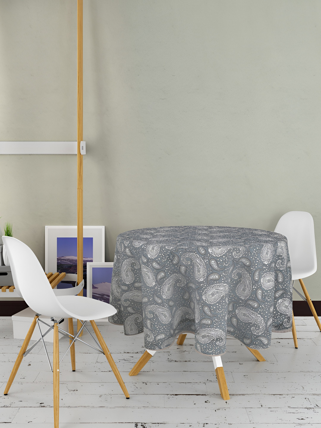 Texstylers Grey  & White  Seater Floral  Round Anti-Slip Cotton Round Table Cover