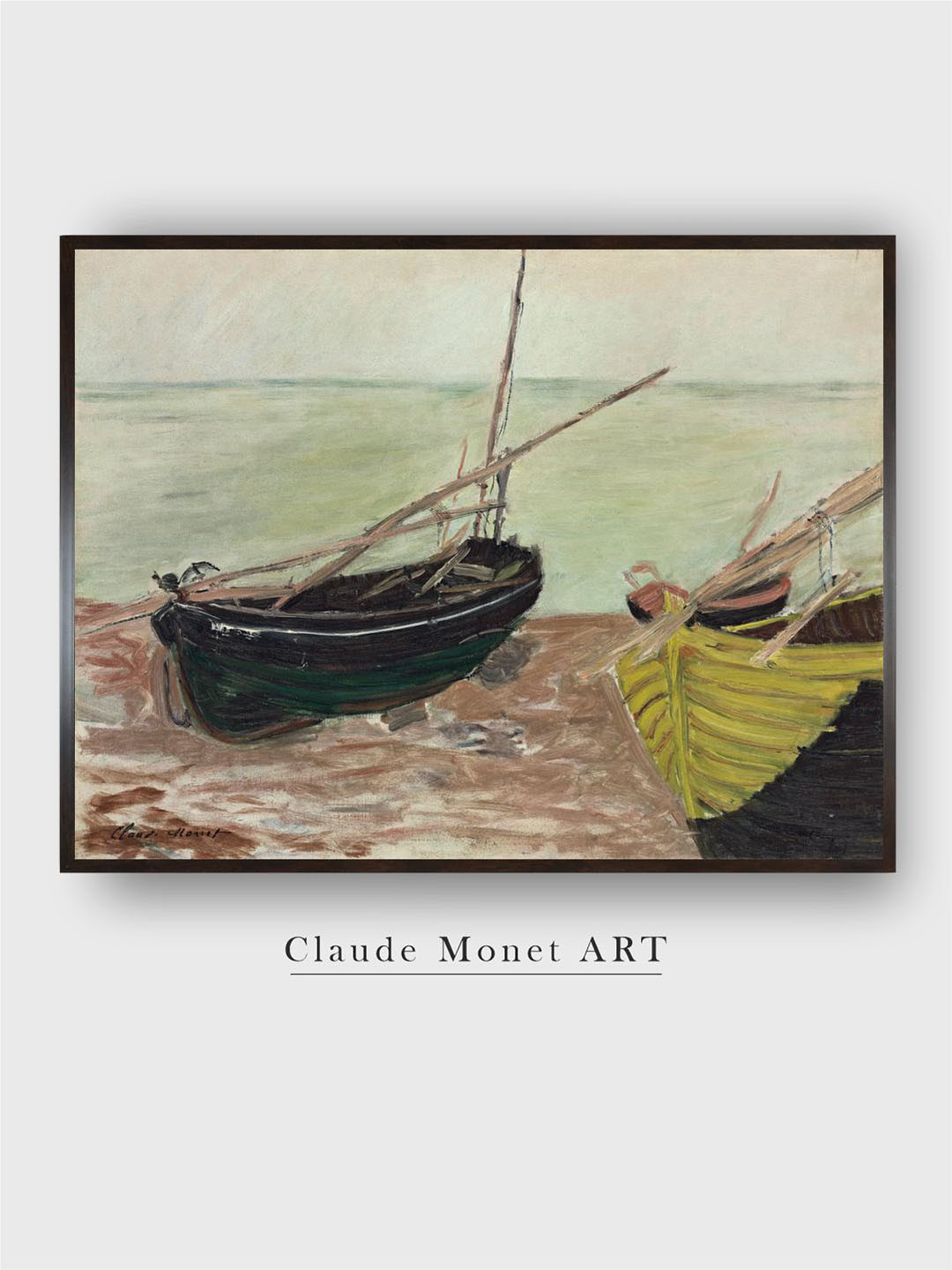 The Art House Brown & Green Study Of Boats At Etretat Beach Painted Wall Art