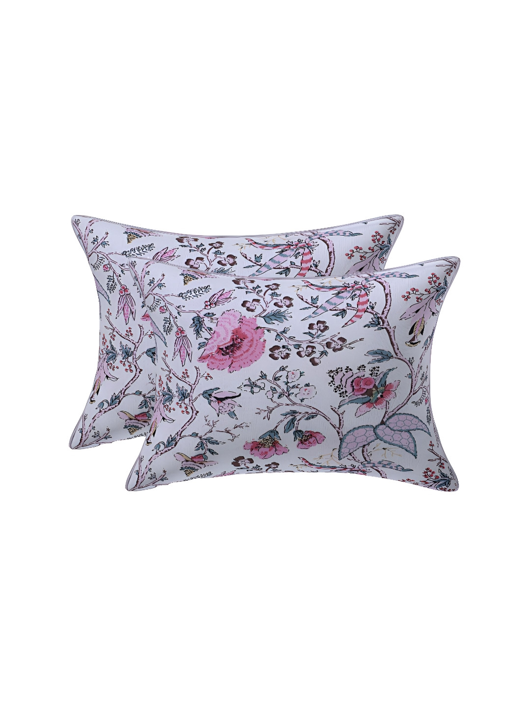 Texstylers White Floral Cotton Reversible 2 Piece Rectangle Cushion Covers - 12x18In