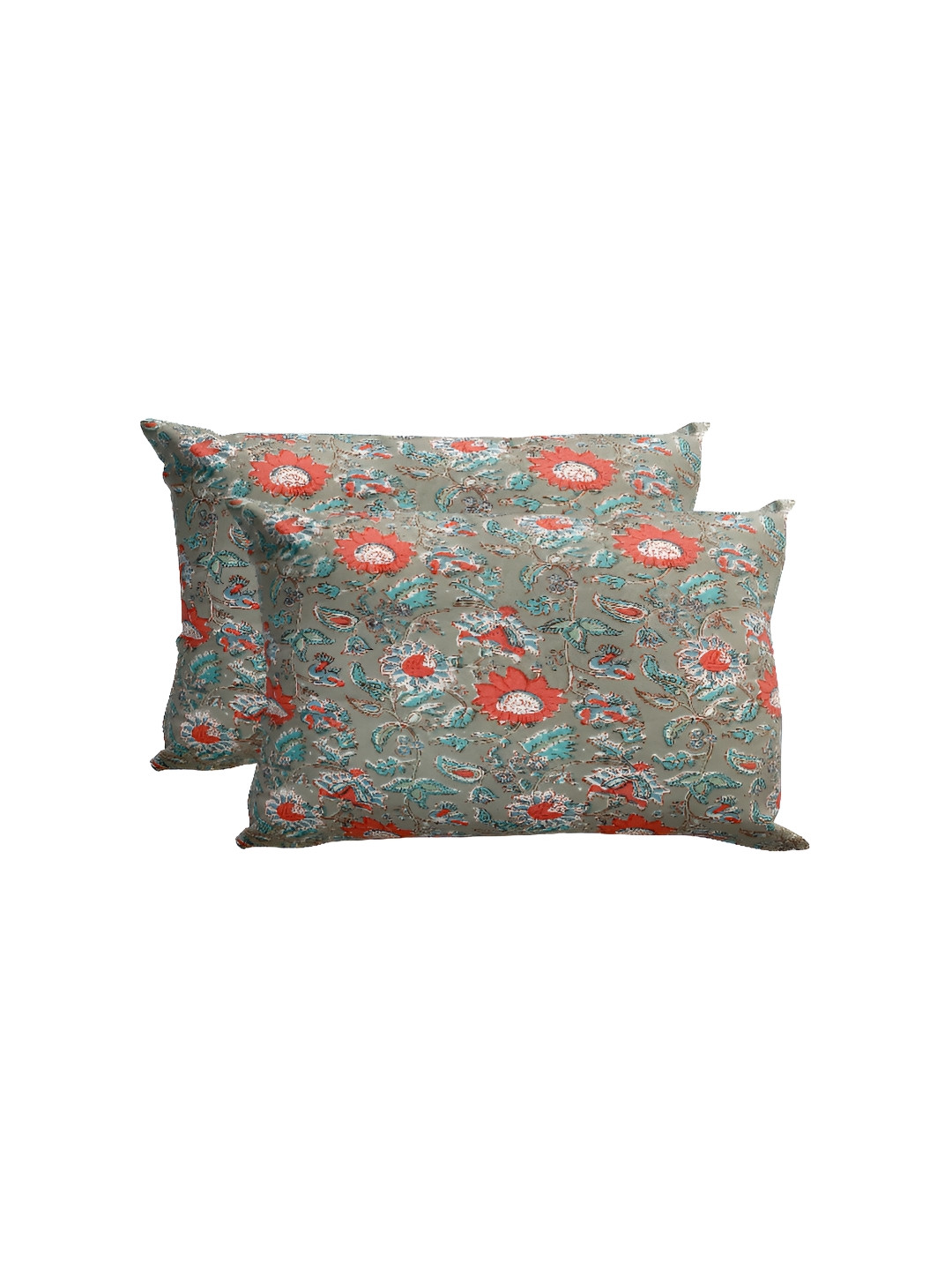 Texstylers Olive Floral Cotton Reversible 2 Piece Rectangle Cushion Covers -12x12In