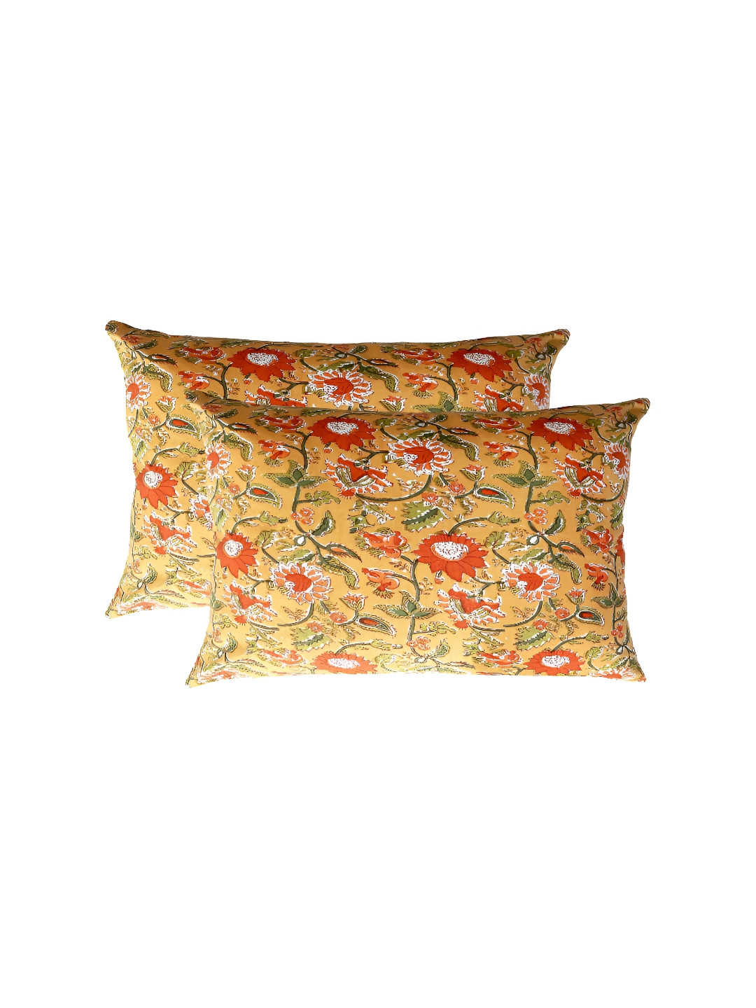 Texstylers Orange & Green  2 Pieces Cotton Rectangle Cushion Covers
