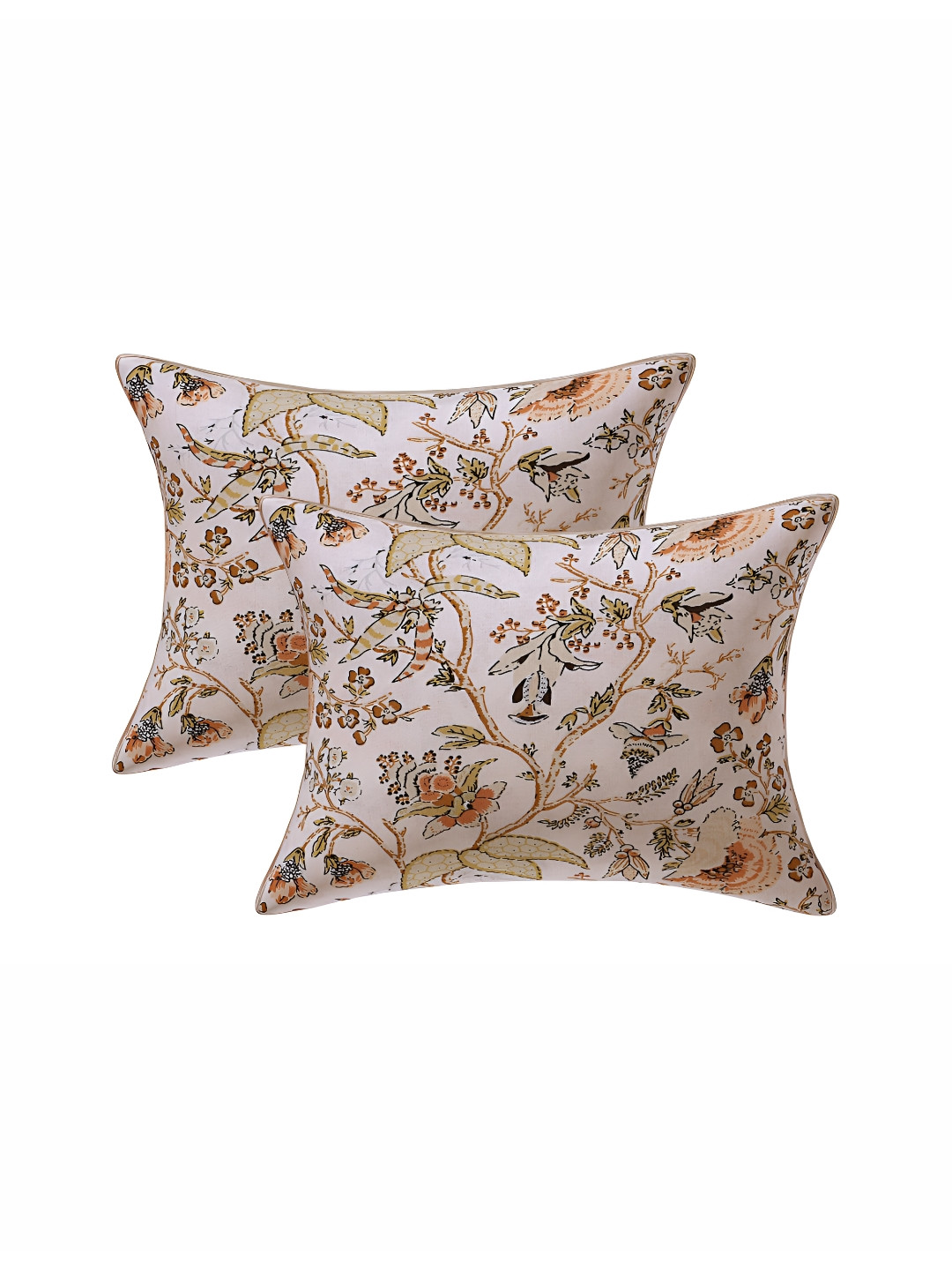Texstylers Beige & Yellow 2 Pieces Floral Printed Cotton Rectangle Cushion Covers