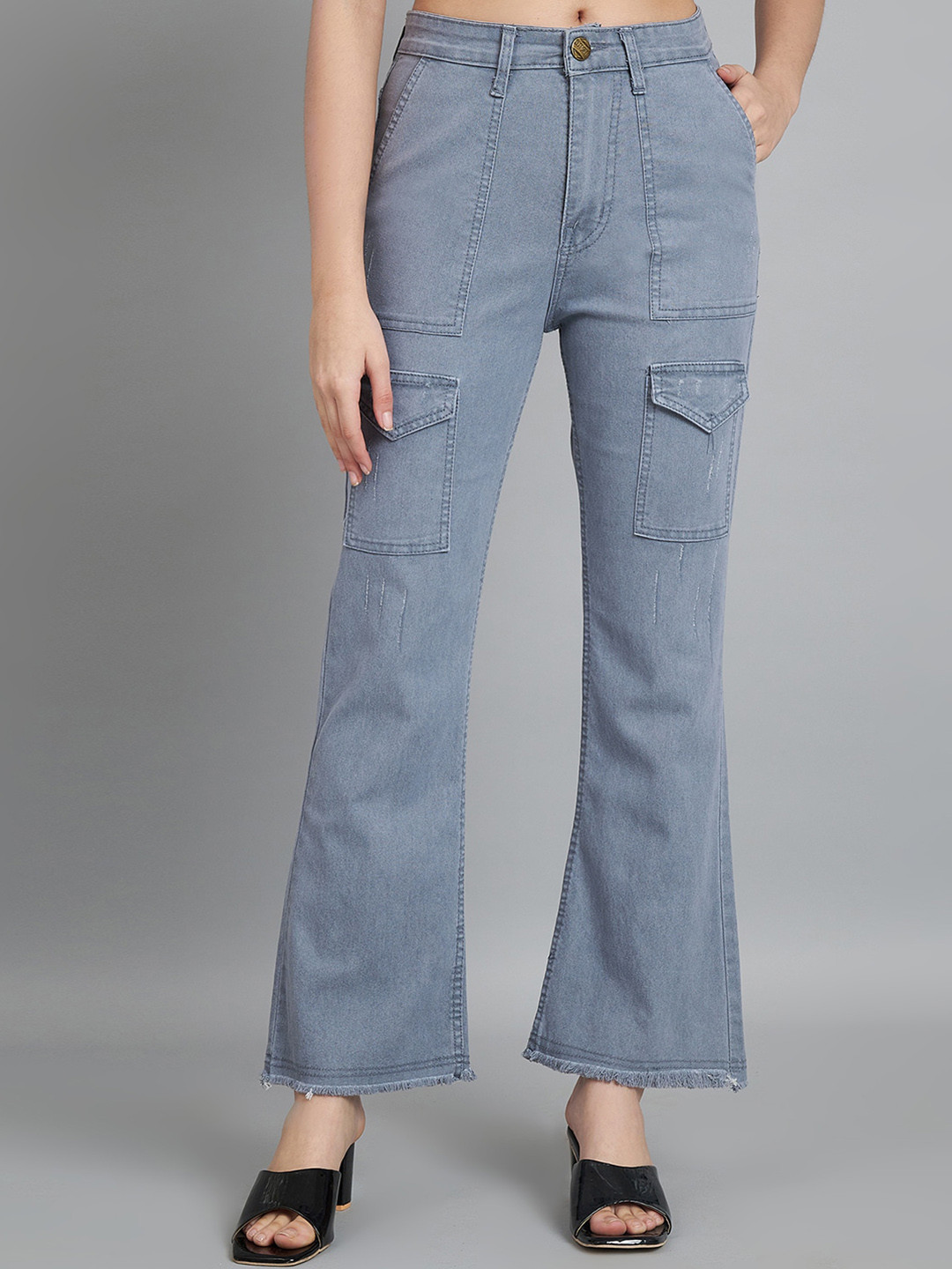 AngelFab Women Jean Bootcut High-Rise Light Fade Cat Scratches Cotton Denim Jeans