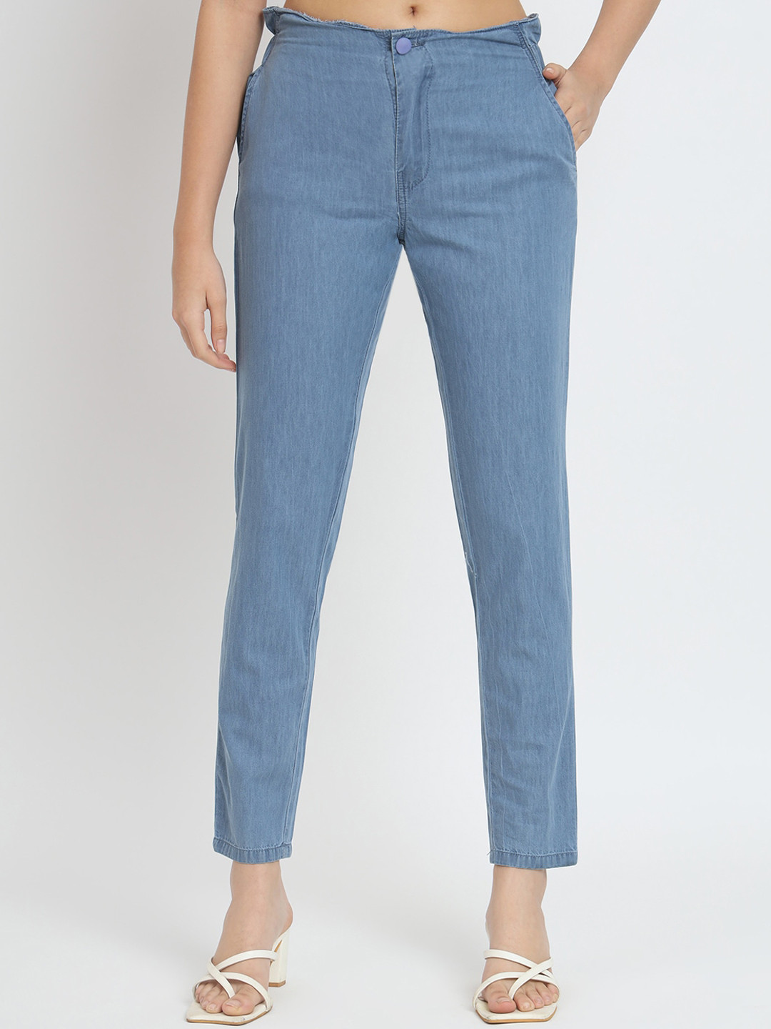 BAESD Women Slim Fit High Rise Plain Denim Cotton Cigarette Trousers