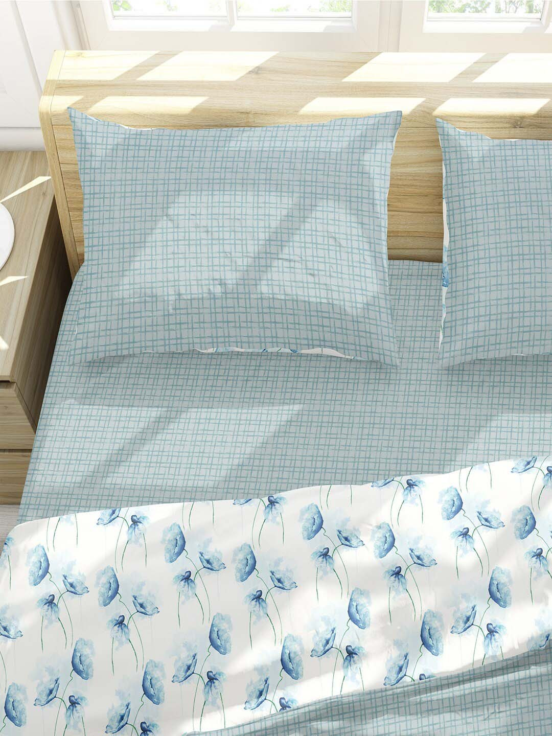 Himeya Bliss Sateen Blue 2 Pieces Checked 300TC Pure Cotton Pillow Covers