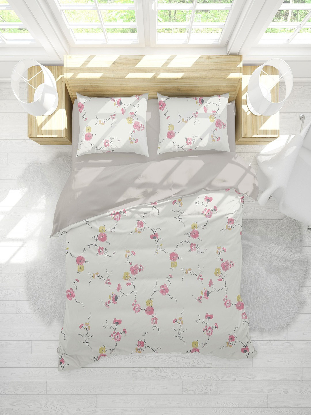 Himeya Bliss Sateen White & Pink 2 Pieces Floral Printed 300 TC Pure Cotton Pillow Covers