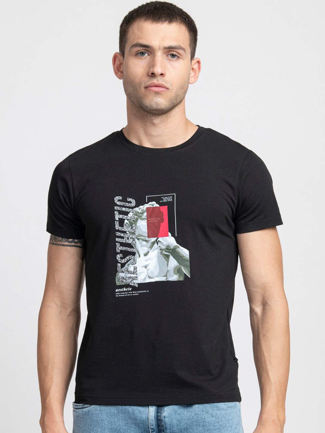 KISSOSS Printed Slim Fit Round Neck Cotton T-Shirt