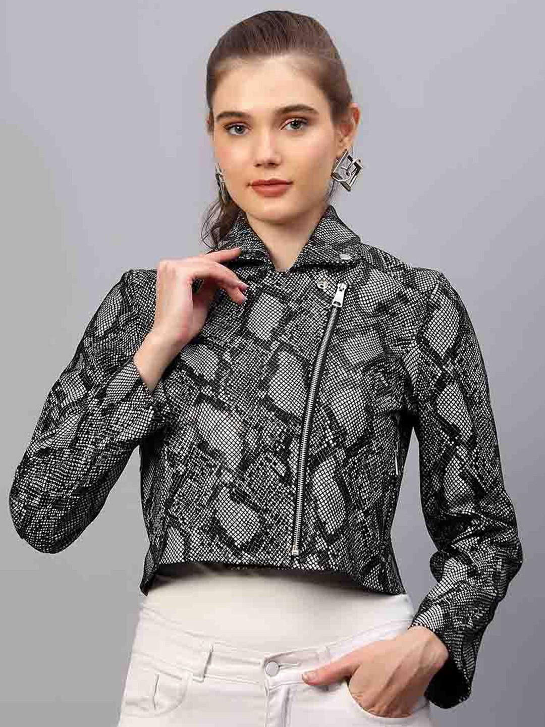 Saint G Animal Printed Lapel Collar Long Sleeves Water Resistant Crop Leather Jacket