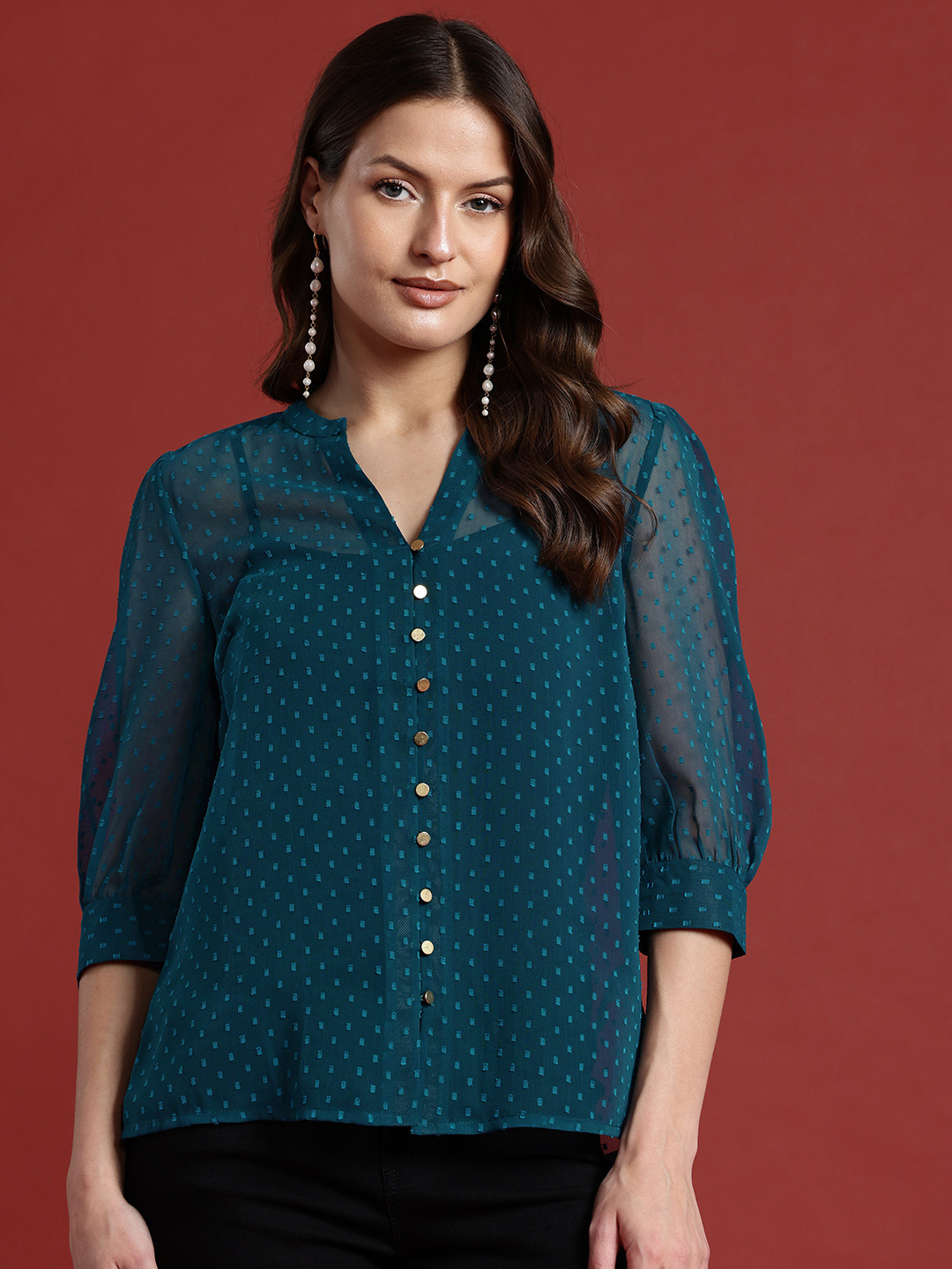 all about you Dobby Weave Sheer Shirt Style Top