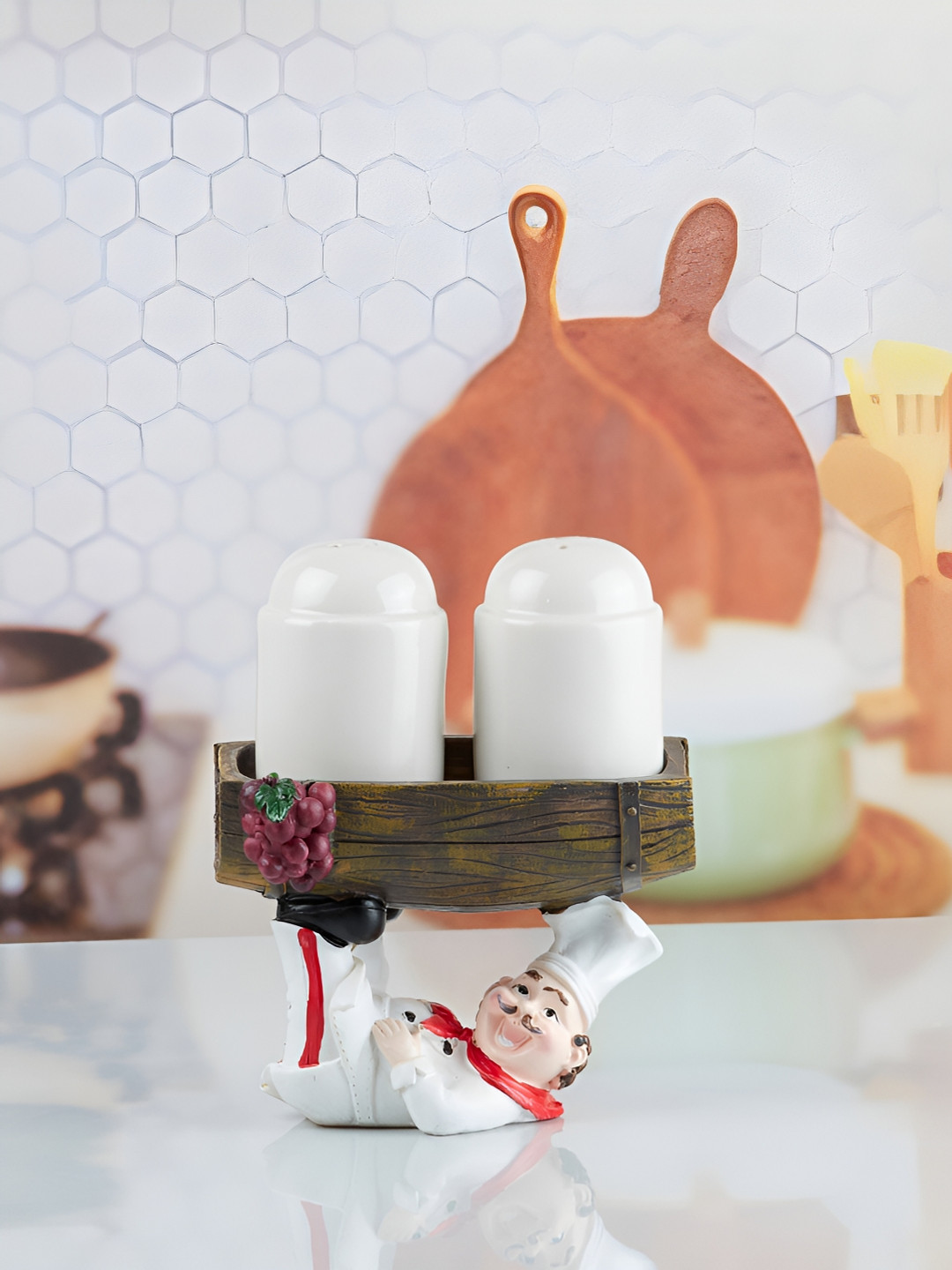 Kookee White Chef Salt & Pepper Shakers Set holder