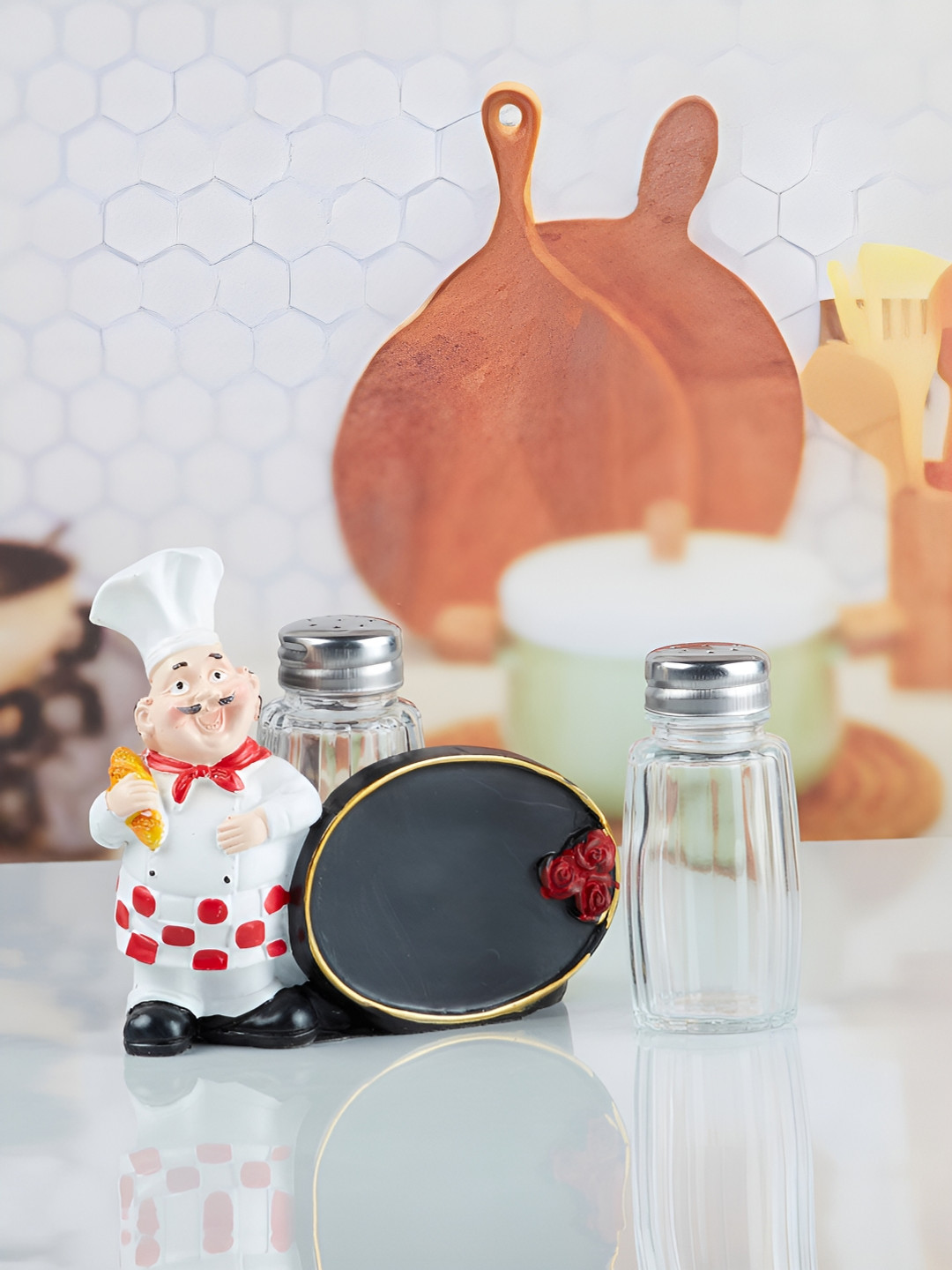 Kookee White & Transparent Chef Salt & Pepper Shakers Set holder
