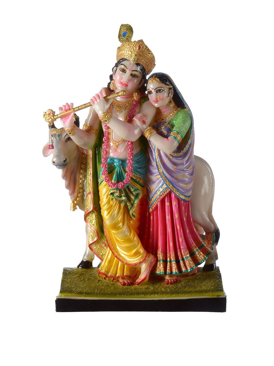 Gifts N Greetings Radha Krishna with Cow White Polyresin Matte Prayer Room Small Showpiece - 4.7 Inches