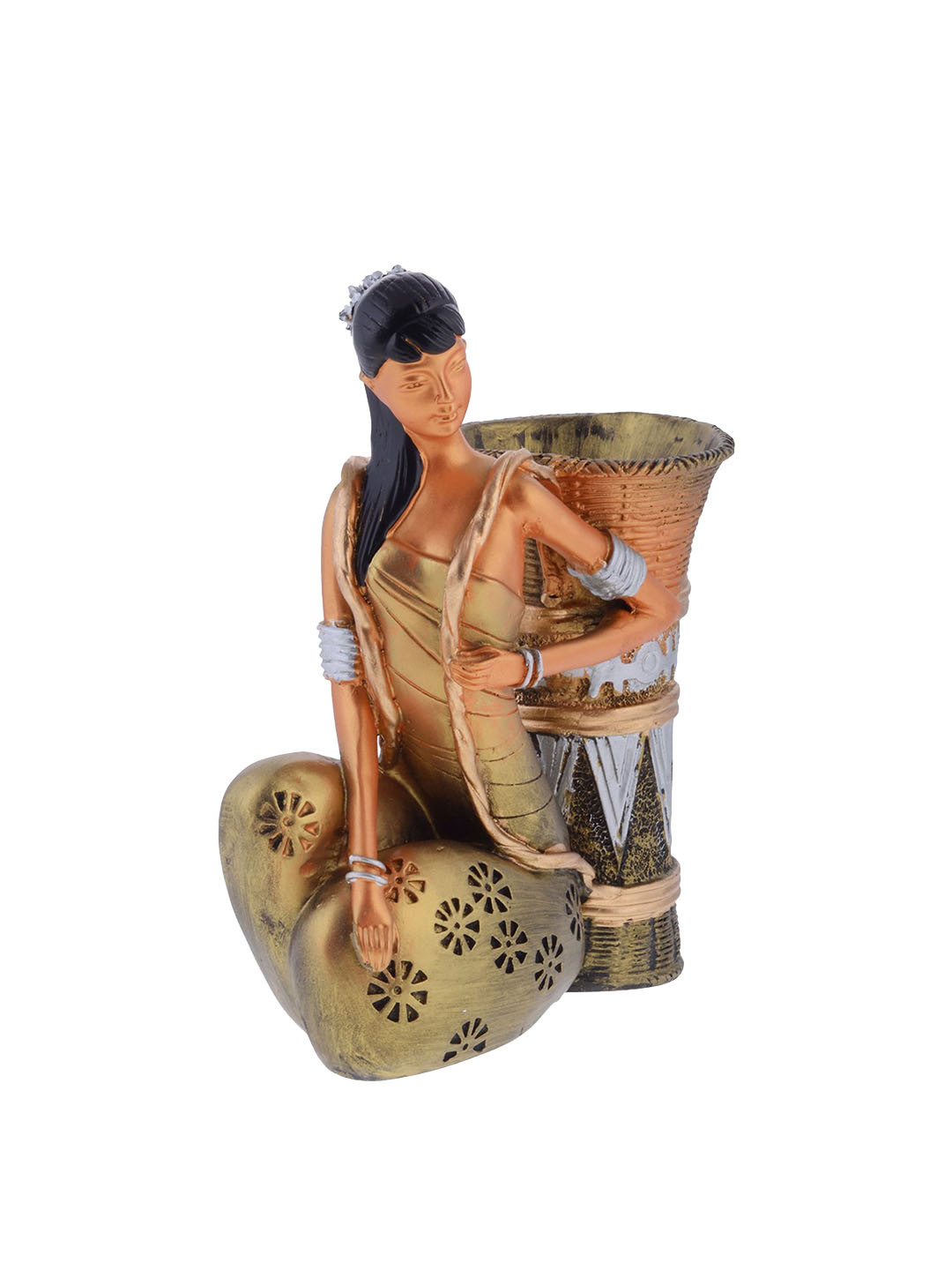 Gifts N Greetings Basket Lady Gold Polyresin Matte Living Room Medium Showpiece - 4.7 Inches